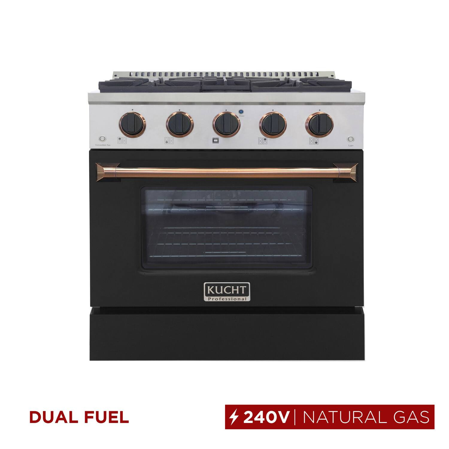 Kucht - 30"" Dual Fuel Range for NG, SS/Black Door, Black Knobs, Rose Gold Handle & Rings, Convection Oven - Black & Rose Gold | Best Buy U.S.
