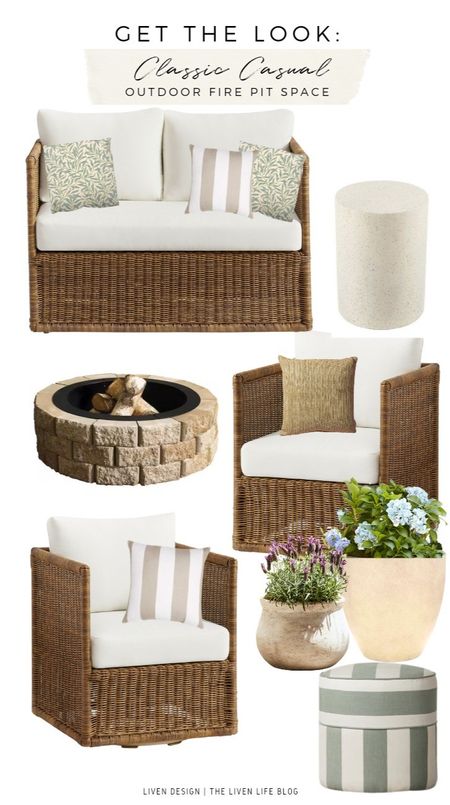 Fire pit space. Outdoor patio furniture. wicker furniture. outdoor loveseat. outdoor patio lounge chair. Club chair. Outdoor brick fire pit. Outdoor accent side table. Outdoor jute pillow. William Morris outdoor pillow. Cabana striped outdoor pillow. Outdoor planter. Outdoor ottoman. 

#LTKSeasonal #LTKhome #LTKstyletip