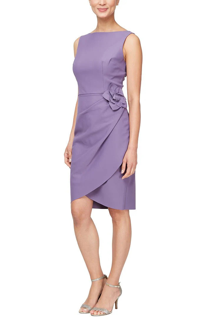 Short Sleeveless Compression Sheath Dress with Flower Detail at Hip | Alex Evenings
