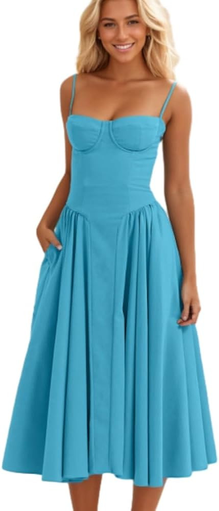 KT Womens Corset Dress Elegant Spaghetti Strap Bustier Midi Dress Flowy Pleated Hem Low Cut Prom ... | Amazon (US)