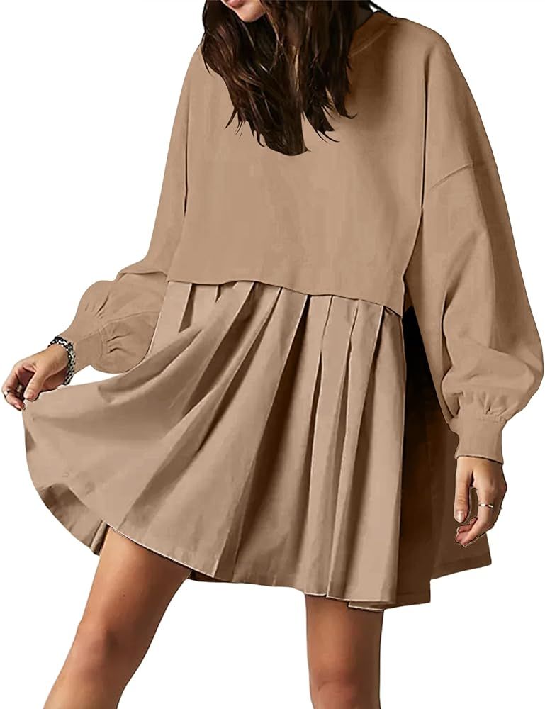 Women Oversized Sweatshirt Dress Patchwork Crewneck Long Sleeve Pullover Mini Dress Flowy Casual ... | Amazon (US)