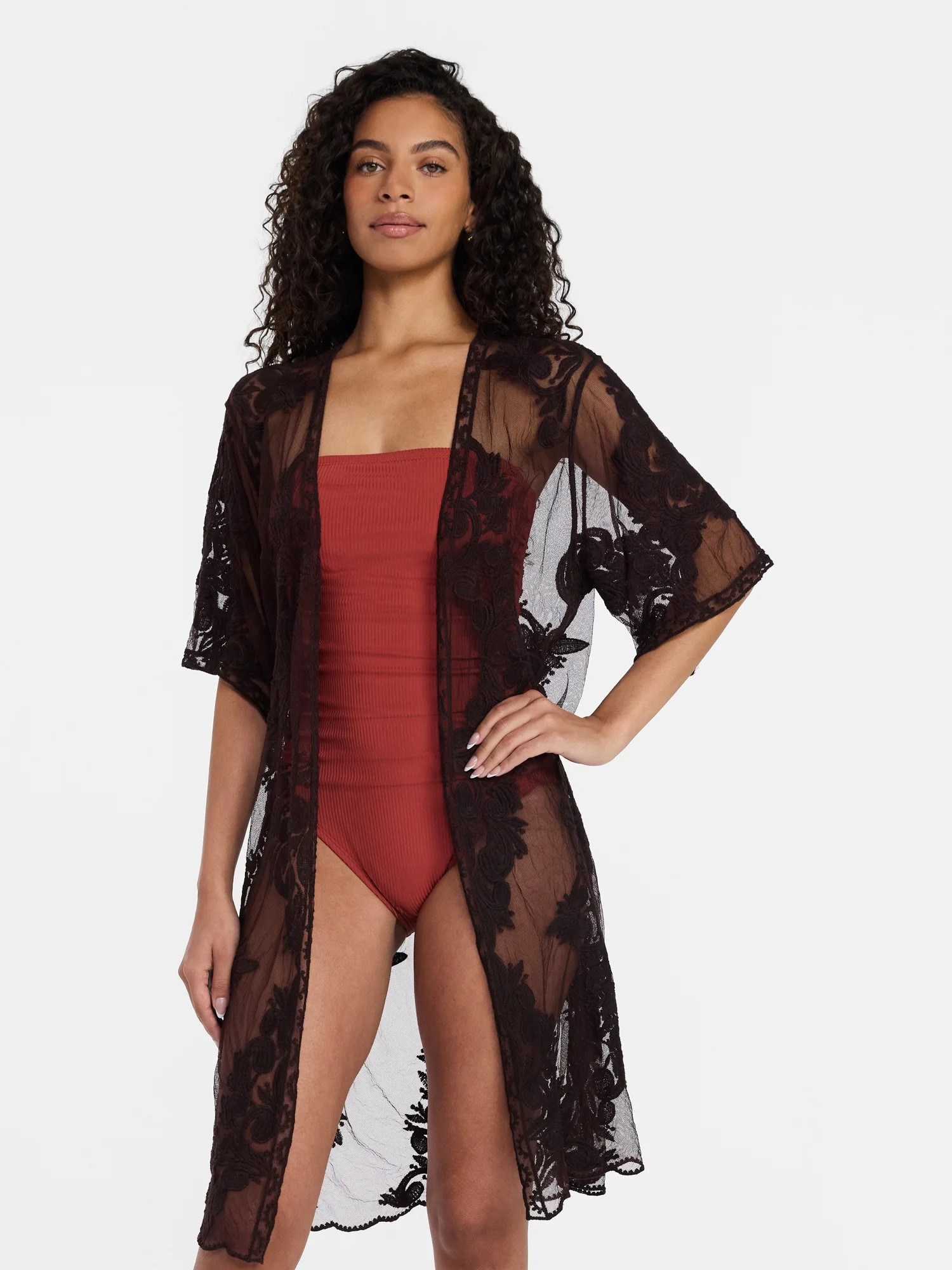 Time and Tru Women's Lace Coverup, Sizes L/XL, Darkest Brown | Walmart (US)