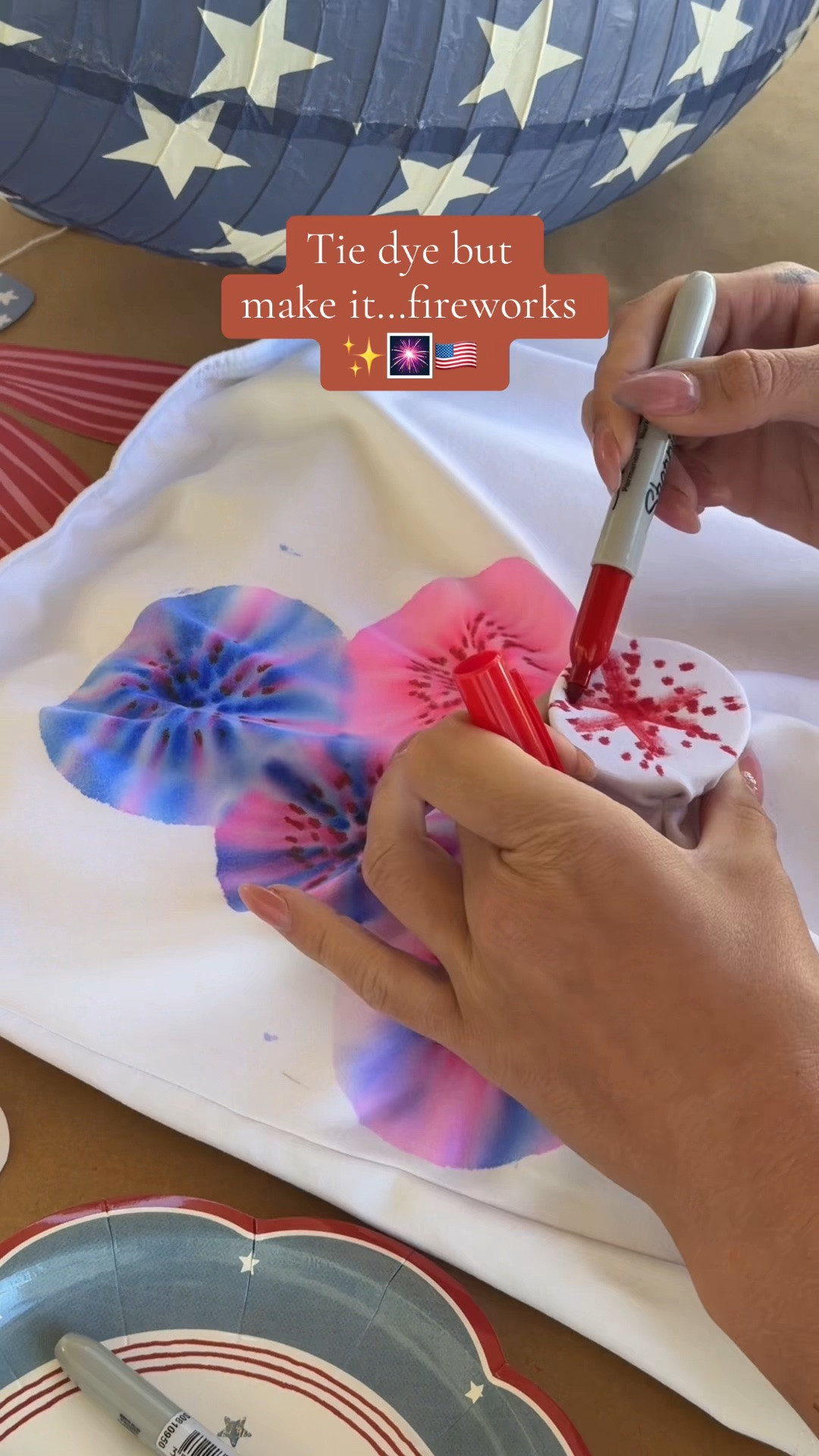 Here's a fun way to tie dye with your kids to make it look like fireworks!
All you need are sharpies, rubbing alcohol, a cup and a rubber band!
Tie a shirt around a cup and let your kids doodle with sharpie! Then you just use a dropper to drop rubbing alcohol on the design and watch it spread! Make sure you put a piece of cardboard on the inside of the shirt because it will soak through:) The cup makes it form in a firework pattern!
Then you let it sit out until it completely dries.
Once dry, either put it in the dryer for 15 minutes or iron over the design on high heat (make sure you have a thin towel between)! The heat makes the design permanent!
#craftymoms

#LTKKids #LTKBaby #LTKmomlife