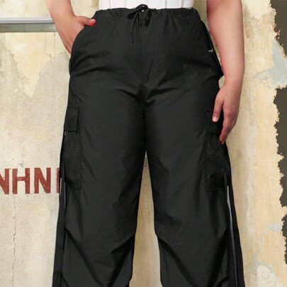 Plus Y2K Street 90s Drawstring High Waist Flap Pocket With Tape Ruched Detail Cargo Parachute Pants | SHEIN