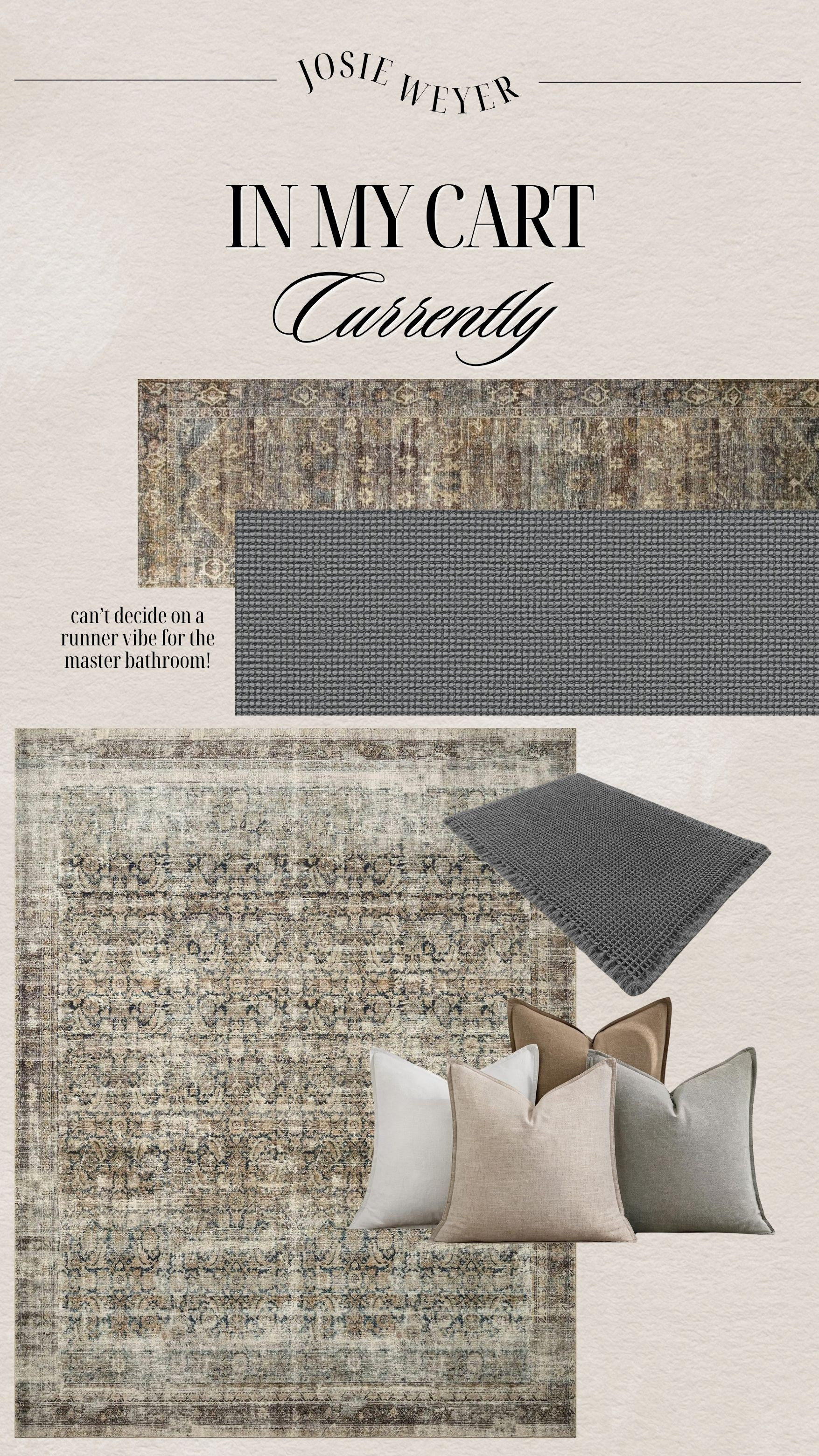 Currently in my cart... mostly rugs! I've been ready for a new rug in the master bathroom, but I'm torn between texture and keeping it simple/cool! Also been so ready for a new living room rug... and of course new pillows to go with it! This one is on sale for 71% off!

in my cart, in my shopping bag, living room rug, pillow cases 

 #LTKHome #LTKFindsUnder100 #LTKStyleTip