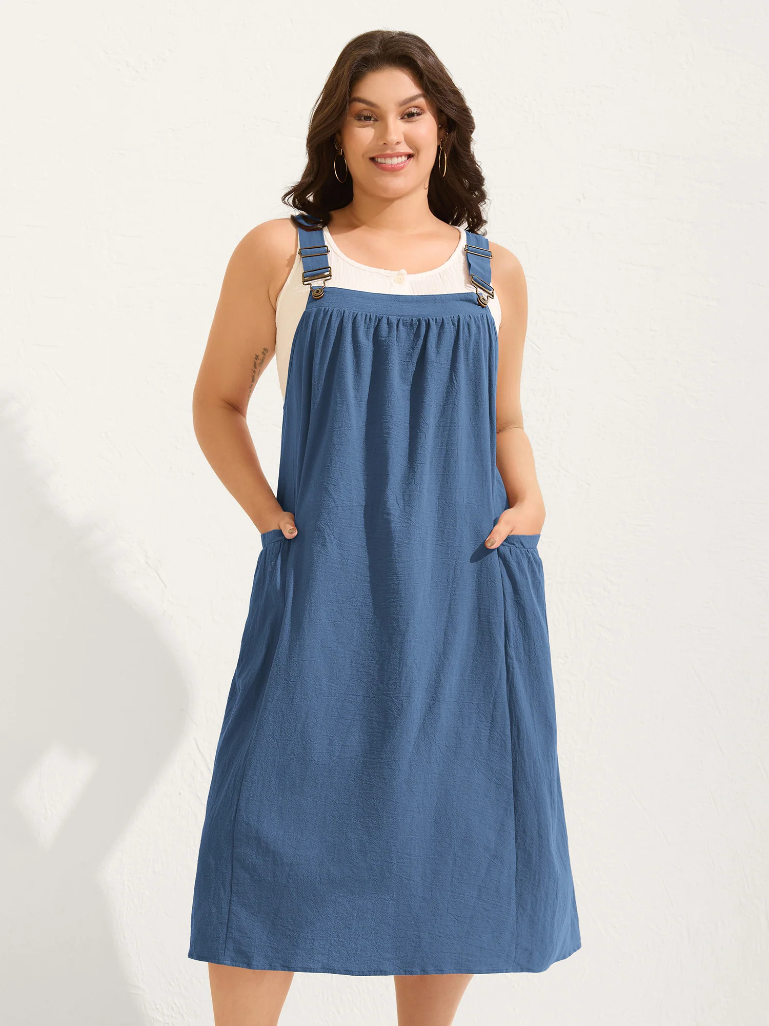 Pure Cotton Pleated Pockets Midi Dress | Bloomchic