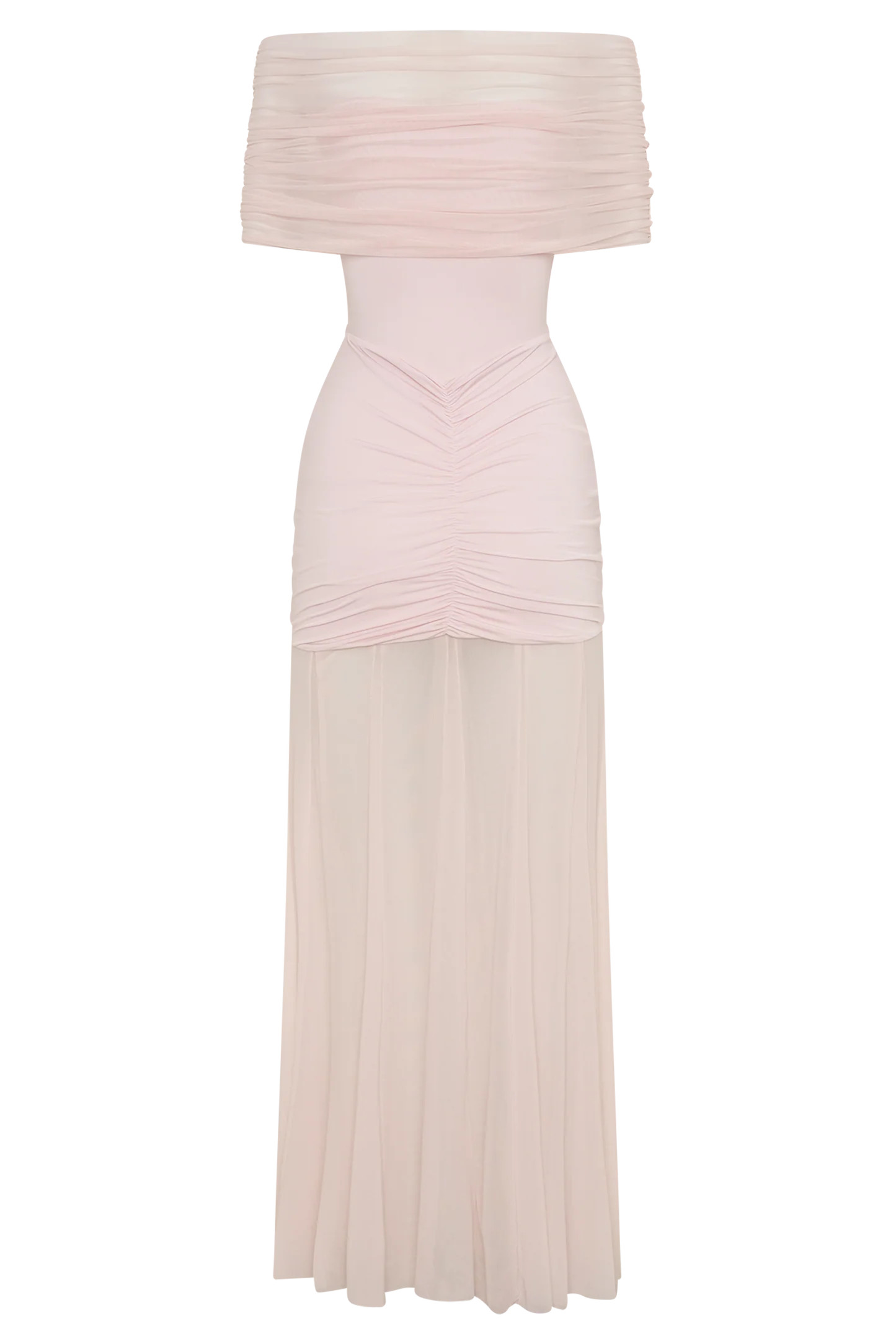 Caspian Slinky And Mesh Off Shoulder Maxi Dress - Pale Pink | MESHKI US