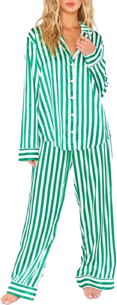 KMBANGI Women 2 Piece Lounge Y2k Pajamas Set Long Sleeve Button Down Shirt Wide Leg Pants Striped... | Amazon (US)