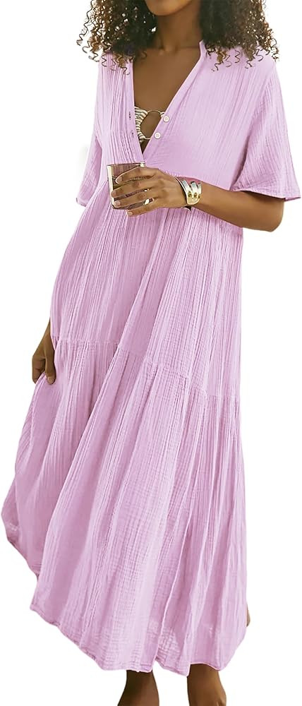 R.Vivimos Womens Summer Cotton Flowy Maxi Dress Short Sleeve V Neck Empire Waist Boho Tiered Ruff... | Amazon (US)