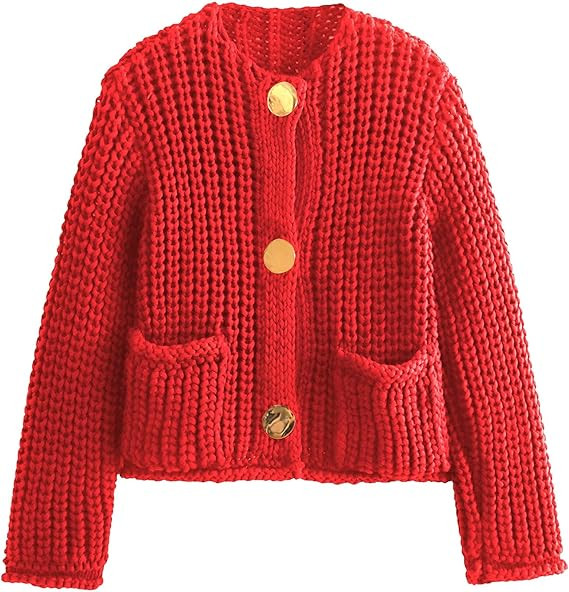 Cardigan Sweaters for Women Chunky Cropped Cardigan Sweater Open Front Button Down Knit Cardigan ... | Amazon (US)