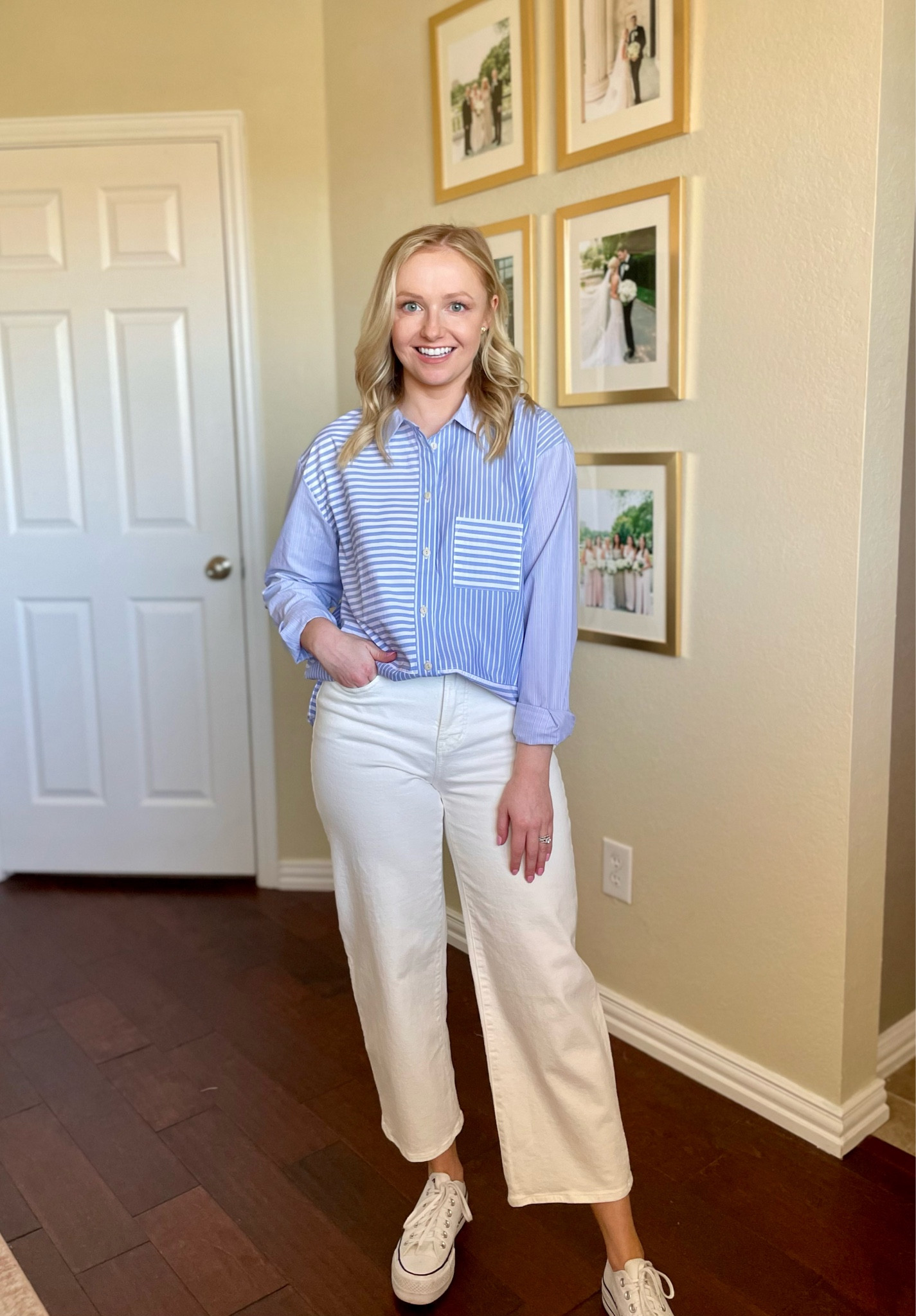 Wearing an XS in button down and 26 petite in jeans | preppy, blue and white top, stripe top, Oxford shirt, white jeans, wide leg jeans 

#LTKSeasonal #LTKFind #LTKunder100