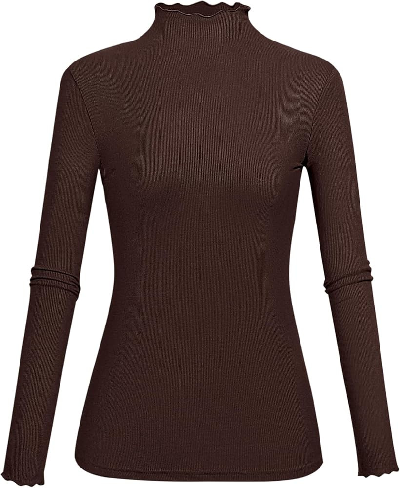 Kindcall Lightweight Ruffle Mock Neck Tops Ribbed Lettuce Trim Soft Base Layer for Women | Amazon (US)