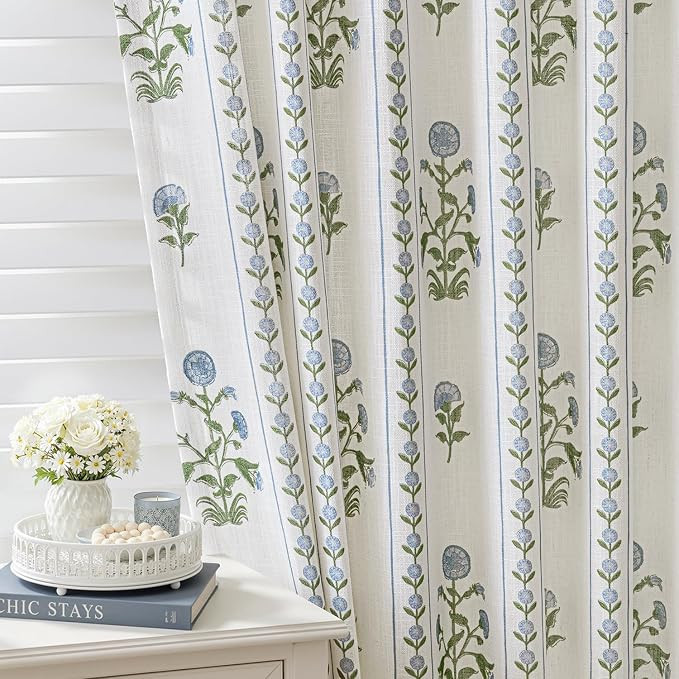 Flower Pinch Pleated Linen Curtains,Blue & White,40" W x 96" L | Light Filtering, Memory Trained ... | Amazon (US)