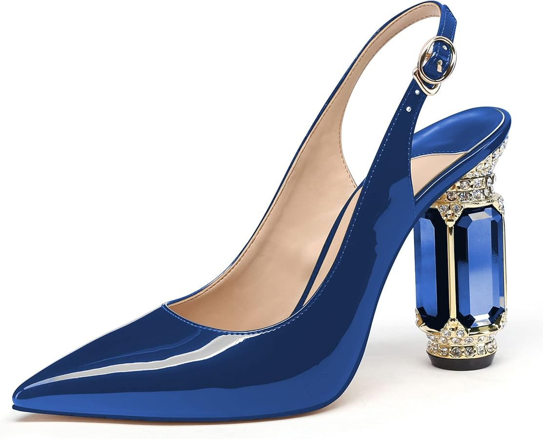 JANSEVEN Women Chunky Heels Pumps Crystal Block Heels with Rhinestones Pointed Toe Sexy Gradient ... | Amazon (US)