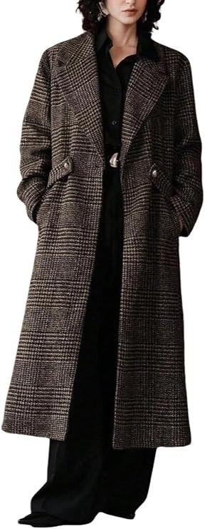 Women Long Wool Plaid Pea Coat Winter Vintage Lapel Single Button Trench Overcoat Peacoat with Be... | Amazon (US)