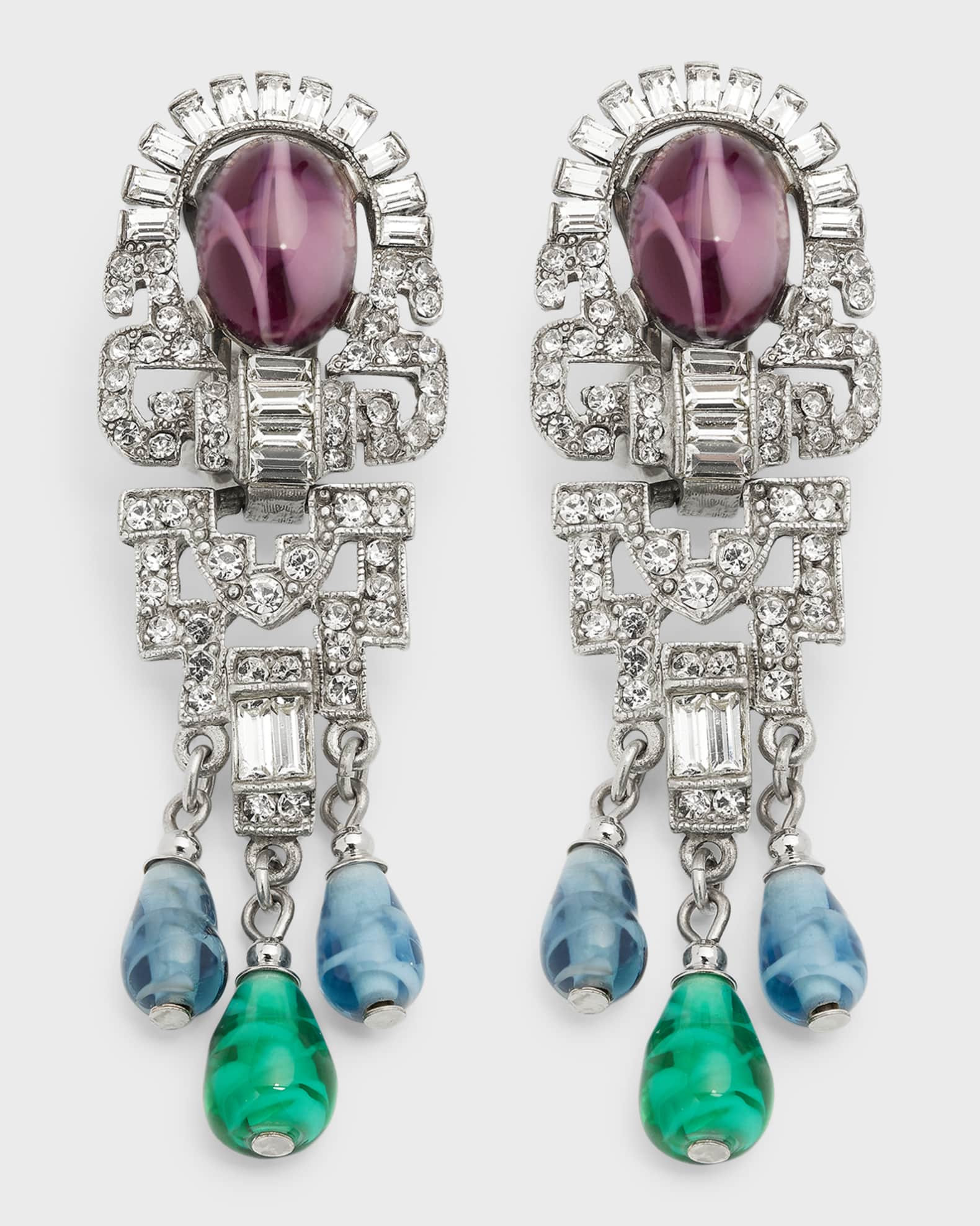Silver Crystal Oval Topa and Emerald Sapphire Drop Clip-On Earrings | Neiman Marcus