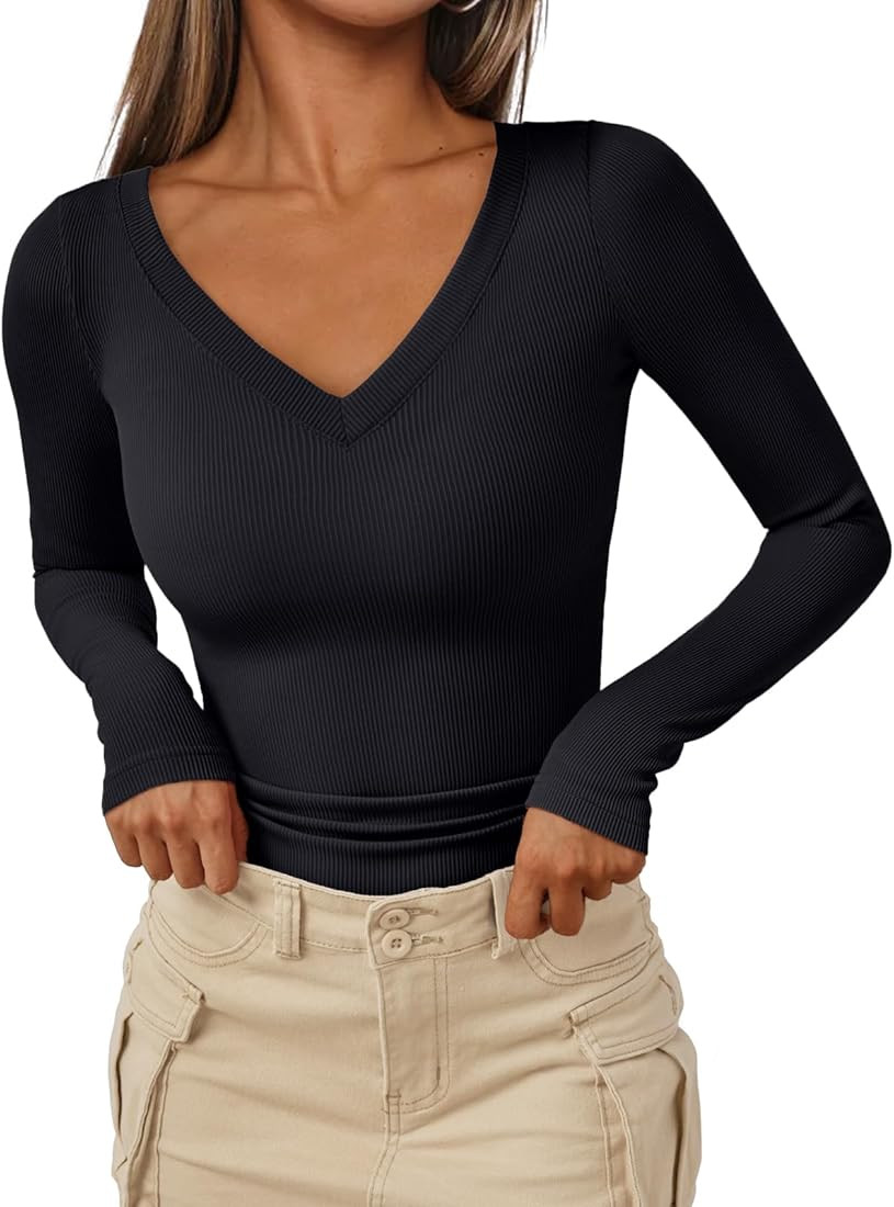 AUTOMET Womens Long Sleeve Shirts Fall Outfits Fashion Tops V Neck Ribbed Basic Casual Clothes Wi... | Amazon (US)