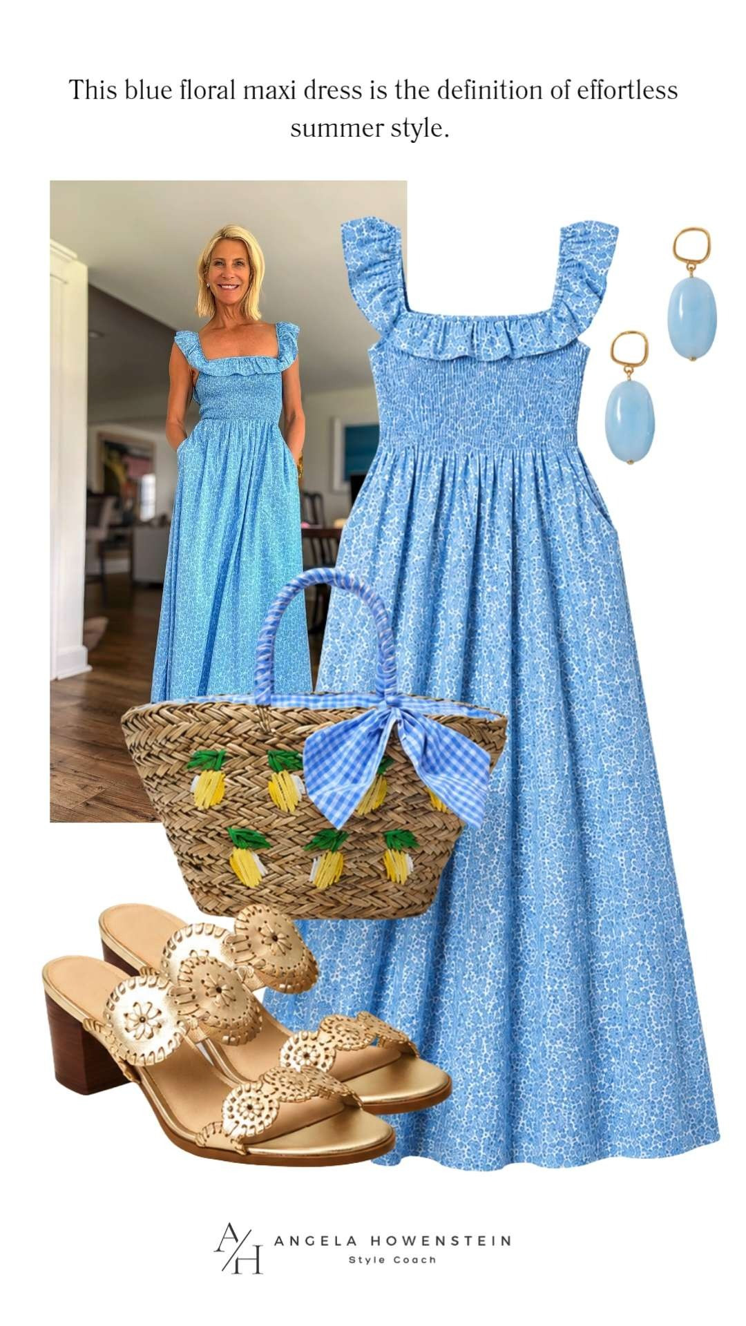 This blue floral maxi dress is the definition of effortless summer style. The smocked bodice creates a flattering fit, while the ruffle straps add the prettiest feminine touch. Paired with a woven tote and neutral sandals, it's the perfect outfit for brunch, vacations, baby showers, beach dinners, or any sunny day.

❤️ Heart = Support my posts
📌 Save = Summer outfit inspiration you'll wear on repeat
🛍️ Follow me on LTK for more timeless, feminine style. 

 #LTKootd #LTKSeasonal #LTKOver40