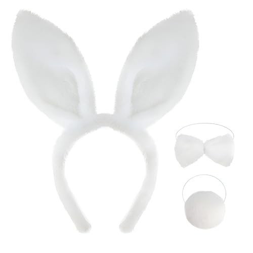 JOYFISCO Bunny Ears, 3 Pcs Bunny Costume Set Bunny Rabbit Ears with Bow Tie and Tail Bunny Ears Headband for Halloween Easter Cosplay Party Dress Up Costume Assesories (White) | Amazon (US)