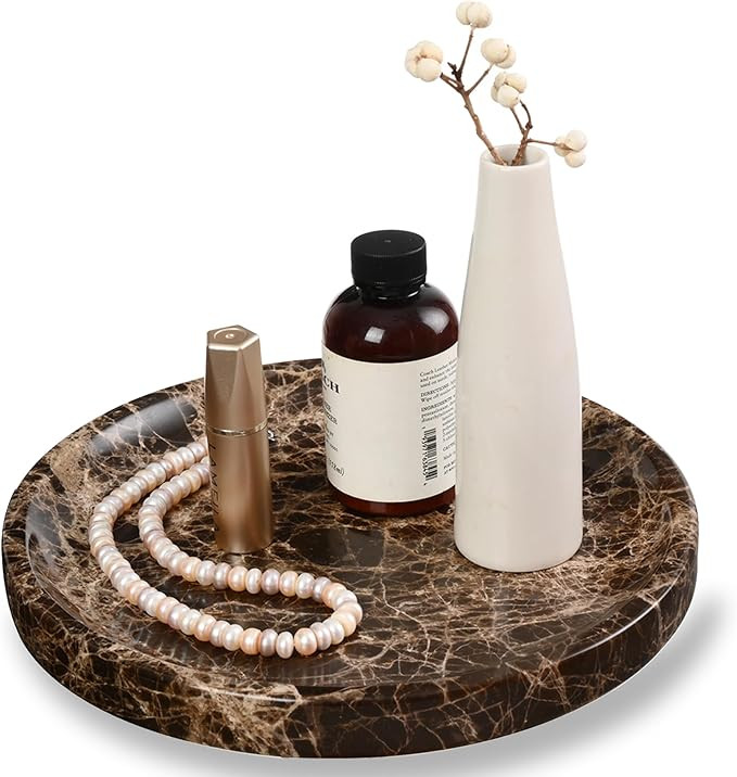 Bathroom Vanity Tray, Large Natural Marble Round Sink Tray 9.5 Inch, Dark Brown Dresser Tray, Mod... | Amazon (US)