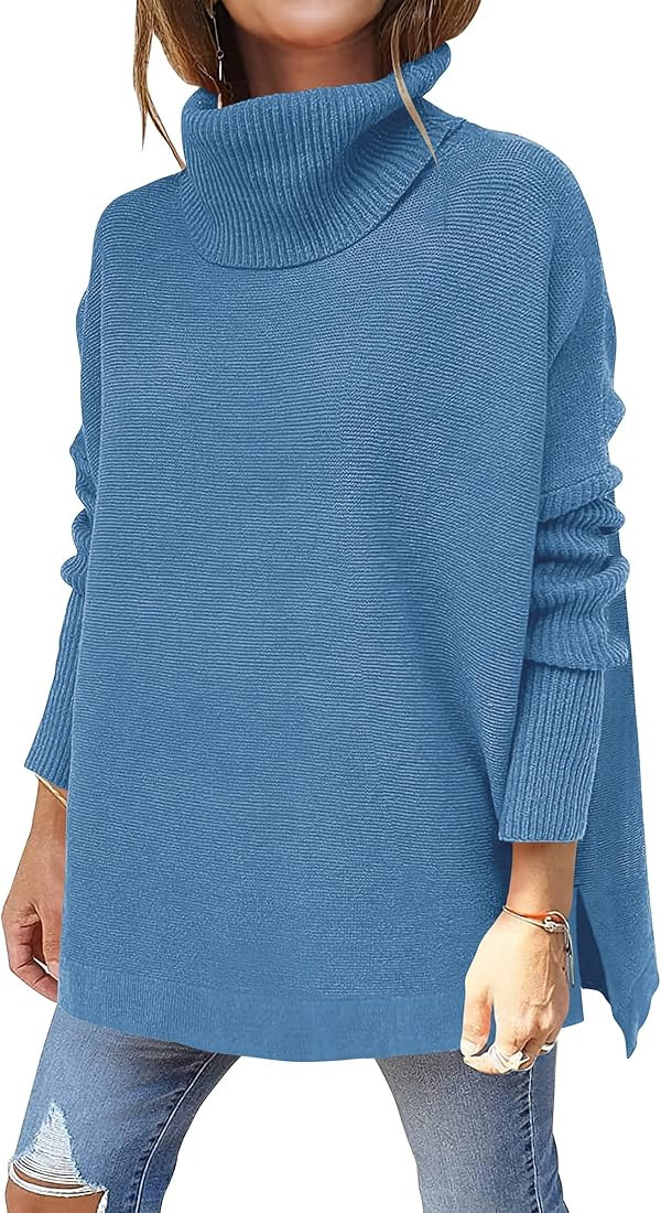 ANRABESS Women's Turtleneck Oversized 2023 Long Batwing Sleeve Spilt Hem Knit Tunic Pullover Swea... | Amazon (US)