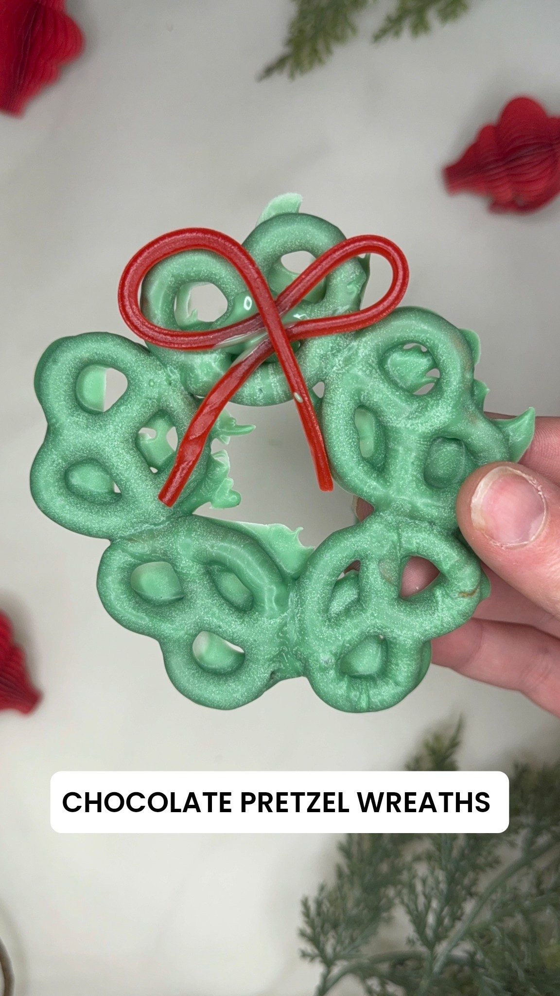 Chocolate covered pretzels made into a cute Christmas wreath 

#LTKfoodie #LTKHoliday #LTKSeasonal