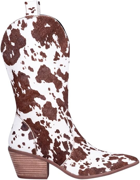 Dingo Womens Live A Cow Print Pointed Toe Casual Boots Mid Calf Mid Heel 2-3" - Black, White | Amazon (US)