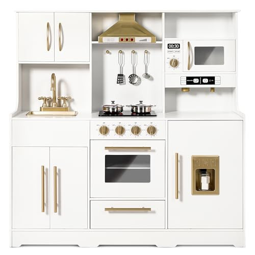 Kinder King Wooden Kids Play Kitchen, Toy Kitchen Playset for Toddler, Play Kitchen Set w/Real Sounds, Pretend Coffee Machine, Kitchen Hood, Sink, Ice Maker, Gift for Boys Girls Age 3+, White | Amazon (US)