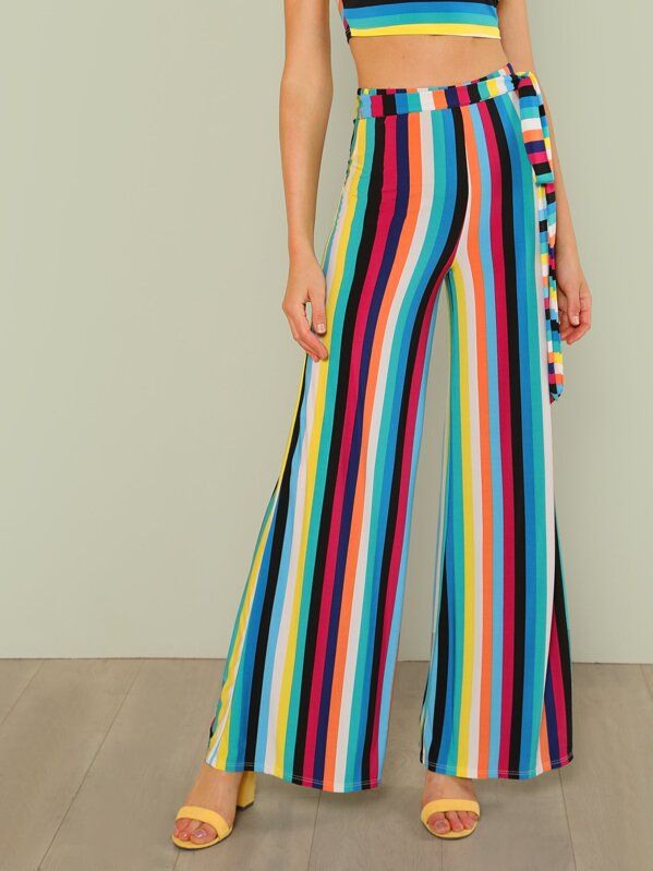 SHEIN Striped Wide Leg Pants with Belt | SHEIN