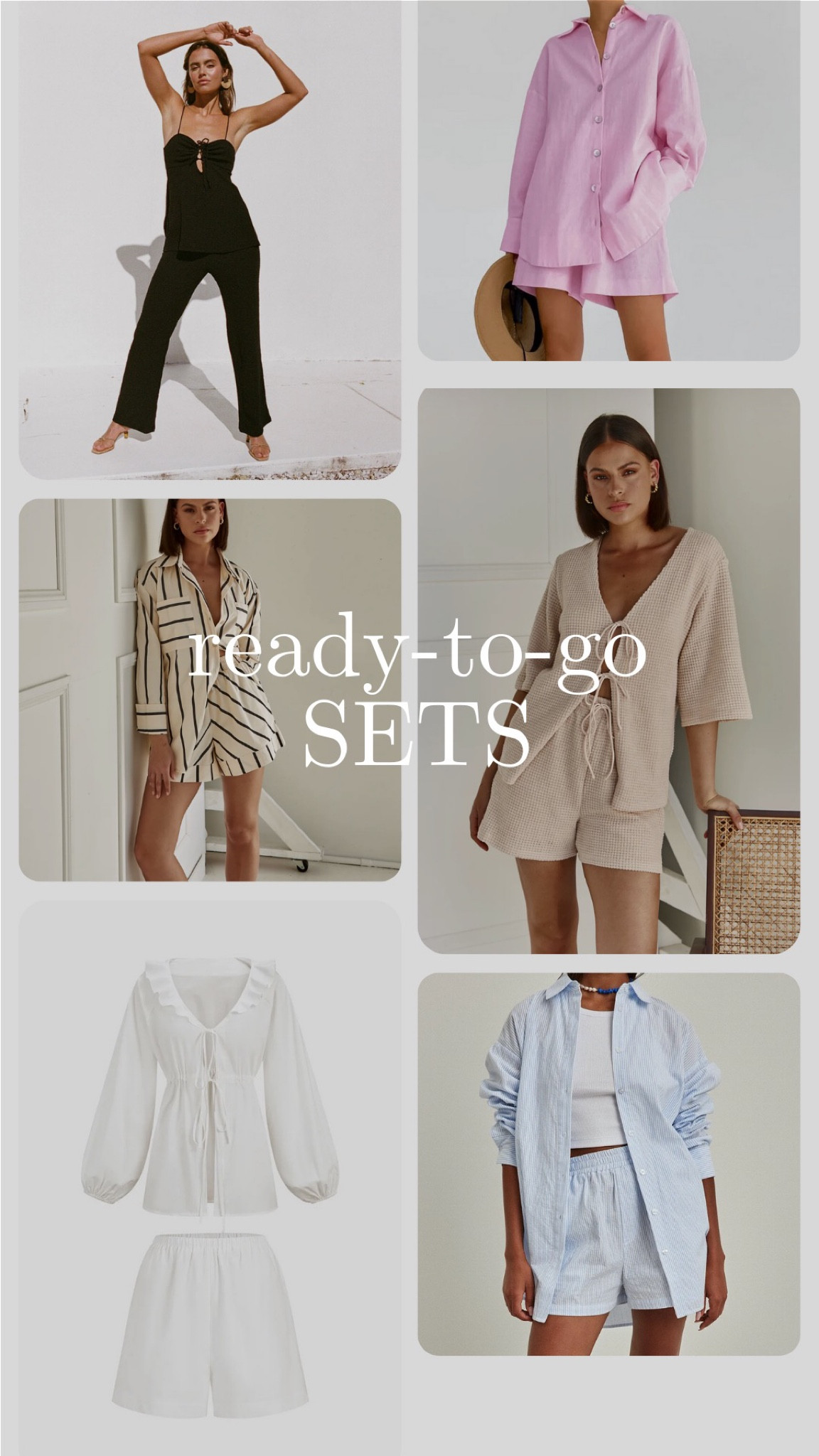 Honeymoon/vacation outfit inspo. Buying sets is a good investment because you usually get 2 pieces for the price of 1 and can mix and match. Matching sets are perfect for vacay because you don’t have to think about what to wear. Bring a few and wear these to dinner with heels or sandals and a statement bag! Most couldn’t be linked, DM me on insta for exact set link! 