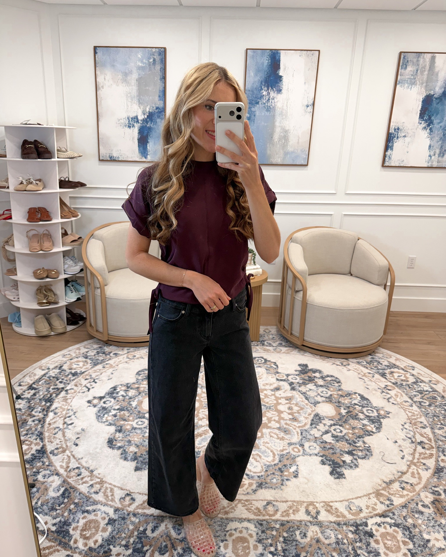 Walmart this plum top is such an easy transitional piece 🍇 Love the side-tie detail and cinched hem — it adds so much shape to a simple tee. Paired it with black wide-leg jeans and woven mules for a laid-back everyday outfit.

True to size!

#LTKootd #LTKgrwm #LTKSeasonal