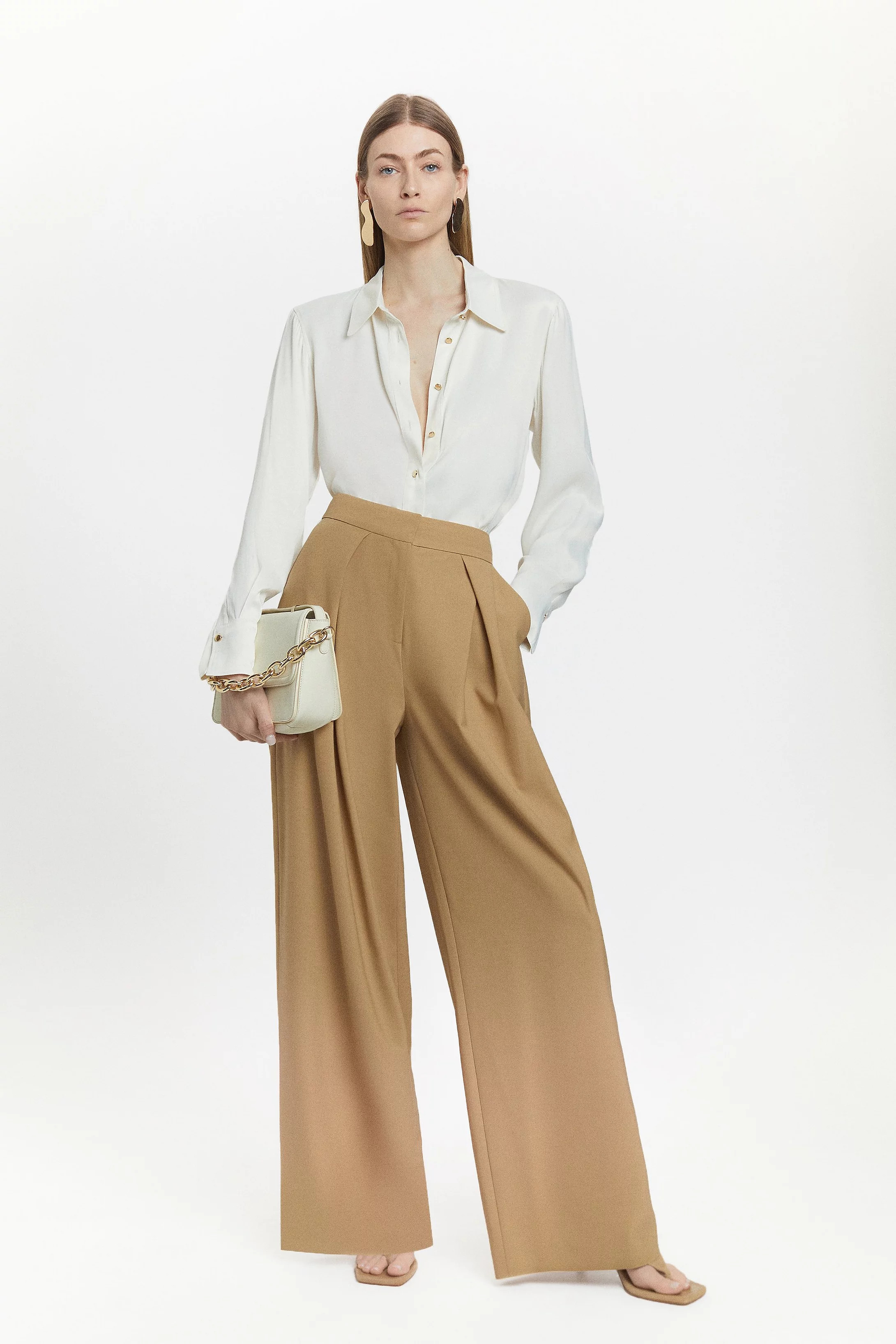 Wool Blend Pleat Detail Wide Leg Trouser | Karen Millen UK + IE + DE + NL