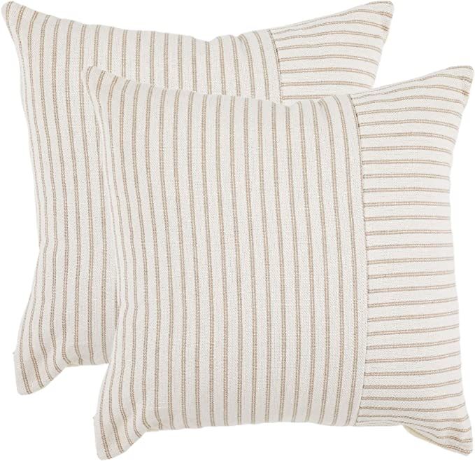 BOYSUM Khaki and Beige Throw Pillow Covers, 16x16 Farmhouse Pillow Covers Striped Throw Pillow Co... | Amazon (US)
