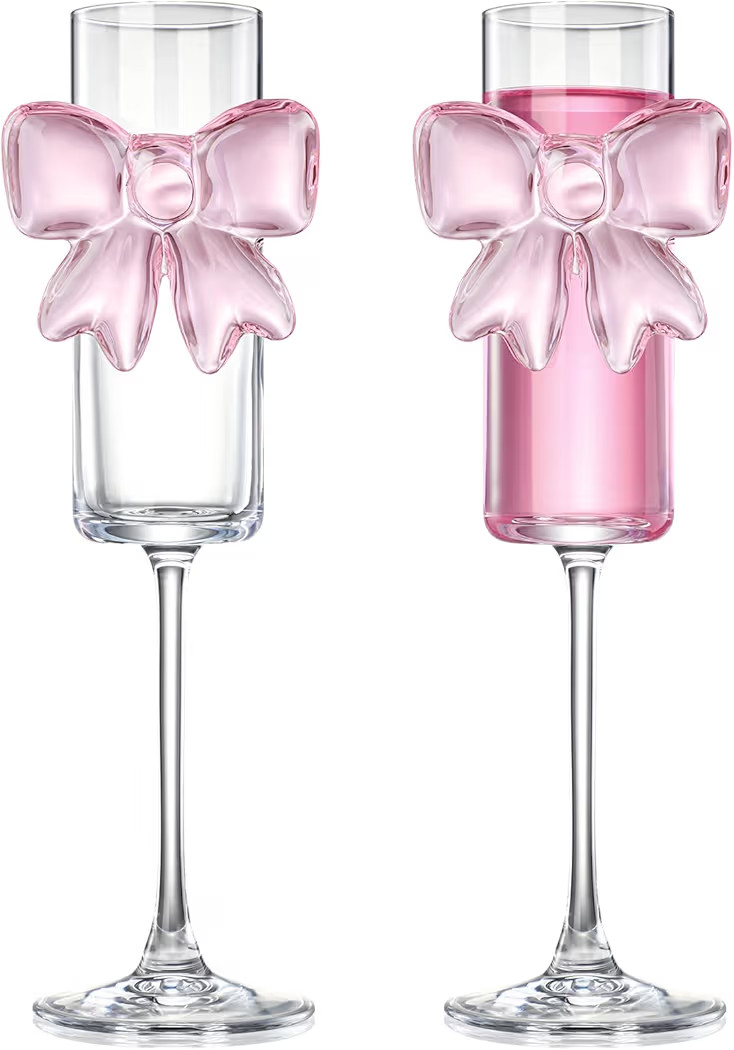 2 Pcs Cute Pink Bow Glass Cups 8oz Coquette Champagne Fashioned Glasses Clear Reinforced Stems an... | Amazon (US)