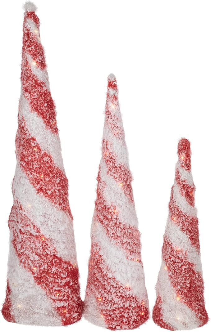 LED Lighted Snowy Candy Cane Striped Christmas Cone Trees - 3.25' - Set of 3 | Amazon (US)