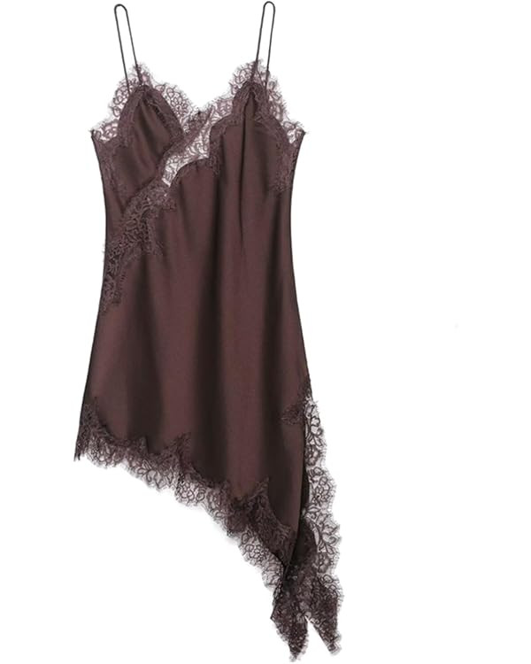 Dresses for Women 2025 Summer Brown Satin Sexy Spliced Short Sling V Neck Sleeveless Backless Asy... | Amazon (US)