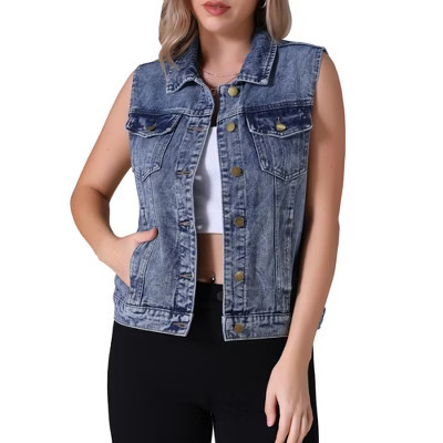 INSPIRE CHIC Women's Sleeveless Turndown Collar Button Down Chest Flap Pockets Washed Denim Vest X-Large Gray Blue | Target