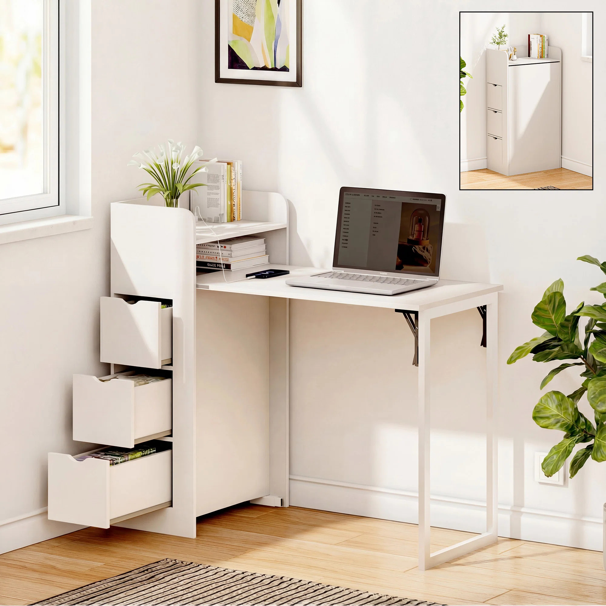 Inbox Zero Wall Mounted Foldable Desk, Space Saving Hidden Desk With Storage & Power Outlet, Fold... | Wayfair North America