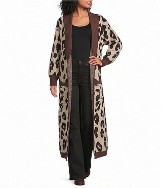 Leopard Printed Collared Long Sleeve Open Front Duster Cardigan | Dillard's