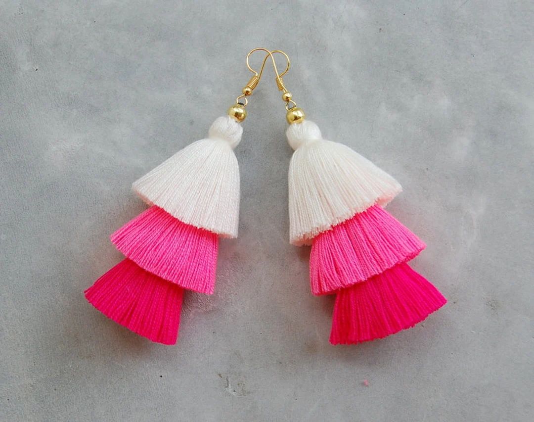 Three Layered Cream & Pink Tassel Earrings | Etsy (US)