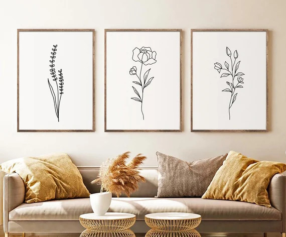Minimal Line Botanical Print Set of 3, Gallery Wall art, Line Flowers Printable Art, Wild Flowers... | Etsy (US)