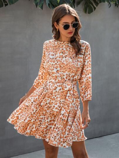 Allover Print Belted A-line Dress | SHEIN