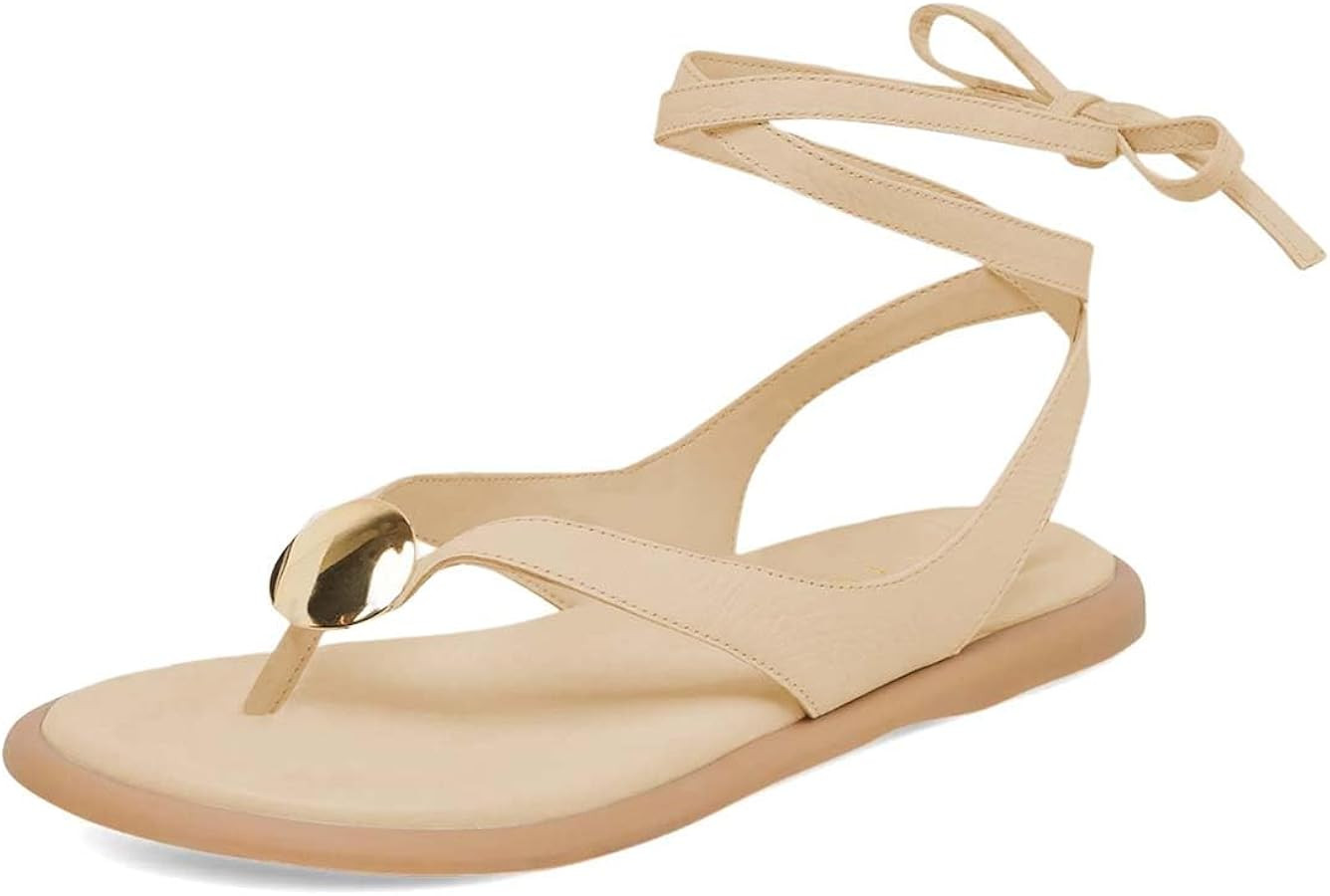 XYD Women Round Open Toe Metal Gold Hardware Flip Flops Ankle Wrap Lace-up Flat Sandals Daily Holiday Dress Shoes | Amazon (US)