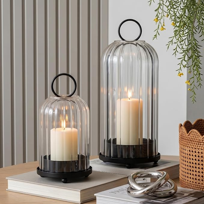5" & 4" Metal Candle Holder with Ribbed Glass Candle Lanterns Set of 2, Vintage Windproof Hurrica... | Amazon (US)