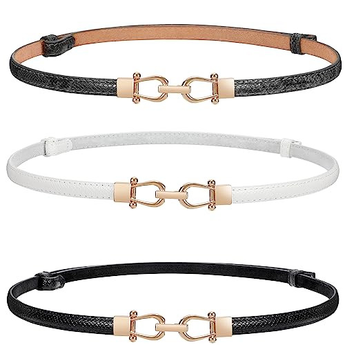 WERFORU Women 3 Pack Skinny Belt for Dress,Thin Waist Belt - Adjustable Leather Belt with Gold Bu... | Amazon (US)