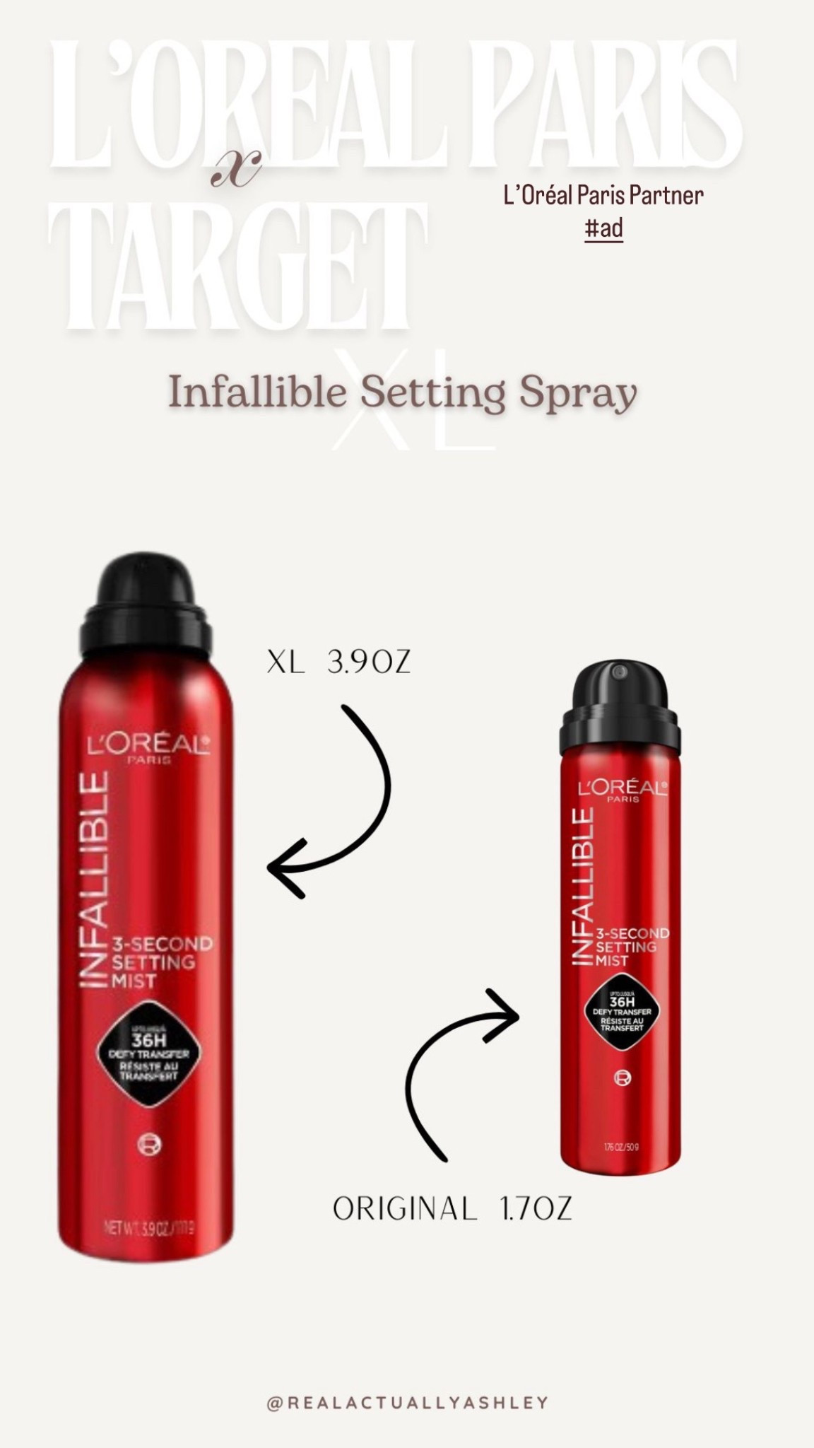 #LOrealParisPartner #ad 
Just when you thought it couldn’t get any better….it got BIGGER‼️ The L’Oréal Infallible Setting Spray has a new big SIS and she is taking her rightful and permanent place on the makeup vanity ✨ while the Original is my go-to for on-the-go. Shop these products and more L’Oréal favorites on my LTK! 
#LOrealParisMakeup #LOrealParisCosmetics #Target #TargetPartner
@shop.Itk #liketkit
@lorealparis @target @targetstyle
  

