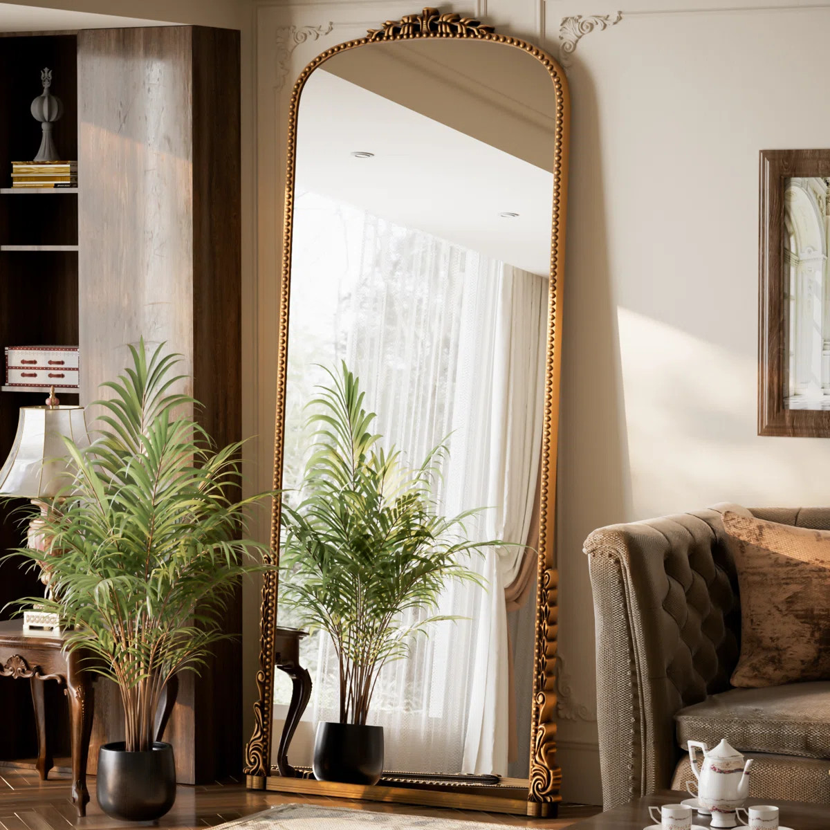 Vintage Full Length Mirror Arched Standing Floor Mirror Full Body Mirror With PU Frame | Wayfair North America