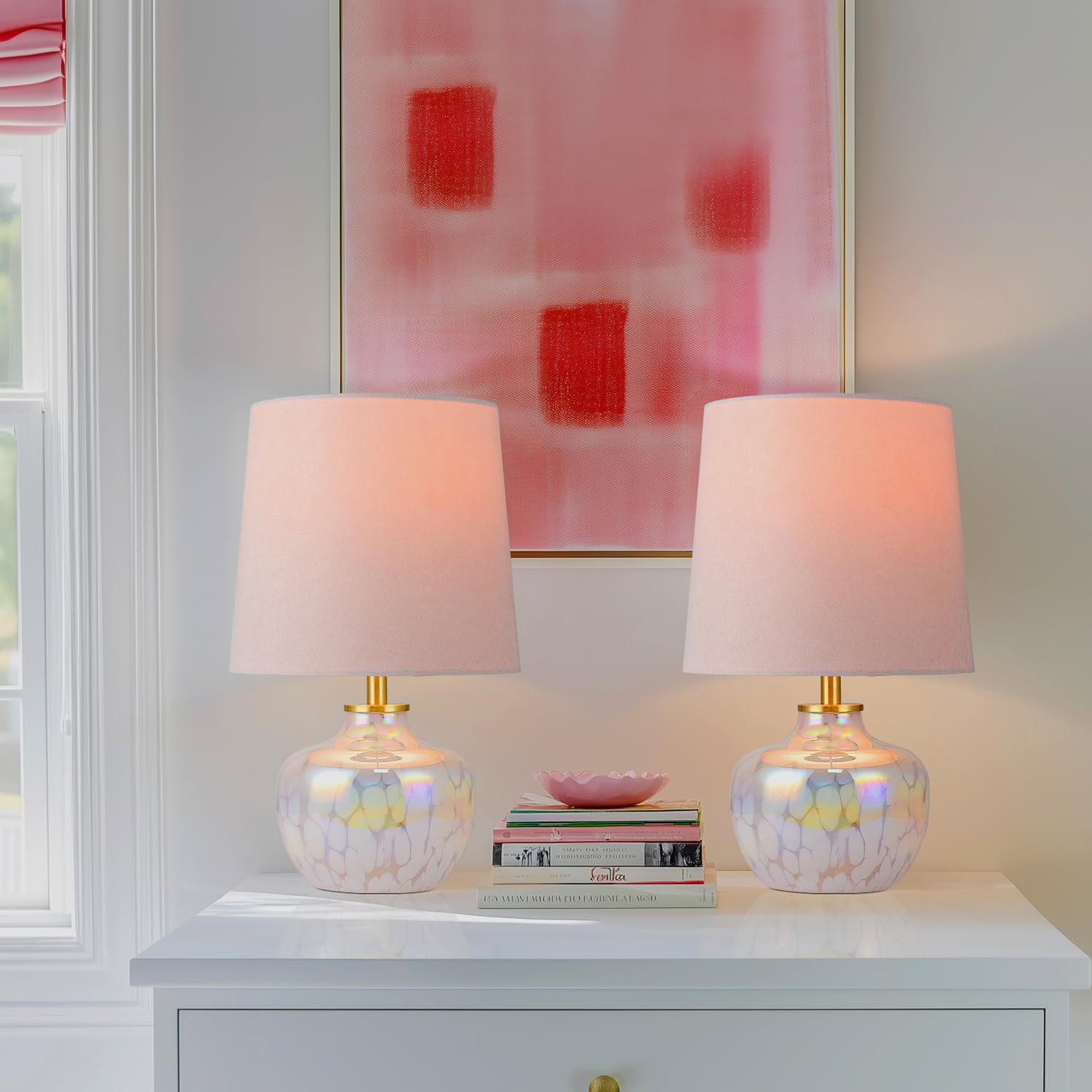 2 Pack 15" Hand-Blown Glass Table Lamp Set, Blush Pink Velvet Shade, Pearlized Swirling Cloud Bas... | Amazon (US)