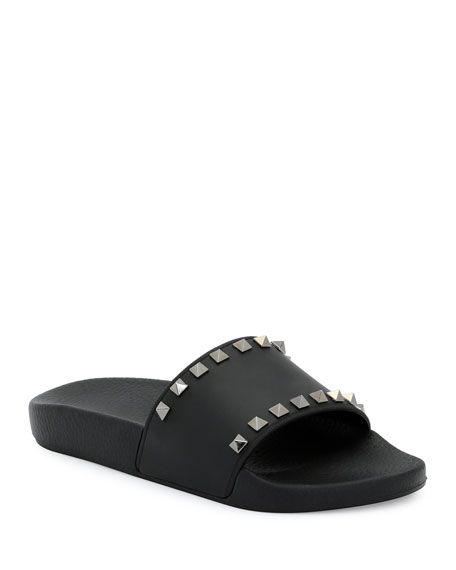Rockstud Pool Slide Sandals, Black | Neiman Marcus