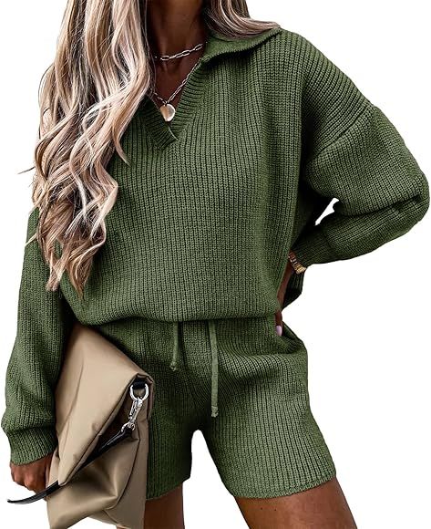 PRETTYGARDEN Women's 2 Piece Outfits 2023 Winter Long Sleeve V Neck Knit Pullover And Shorts Swea... | Amazon (US)